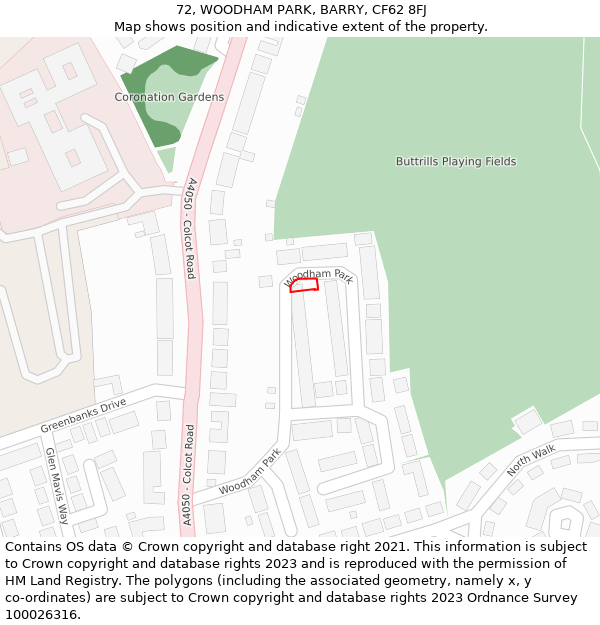 72, WOODHAM PARK, BARRY, CF62 8FJ: Location map and indicative extent of plot