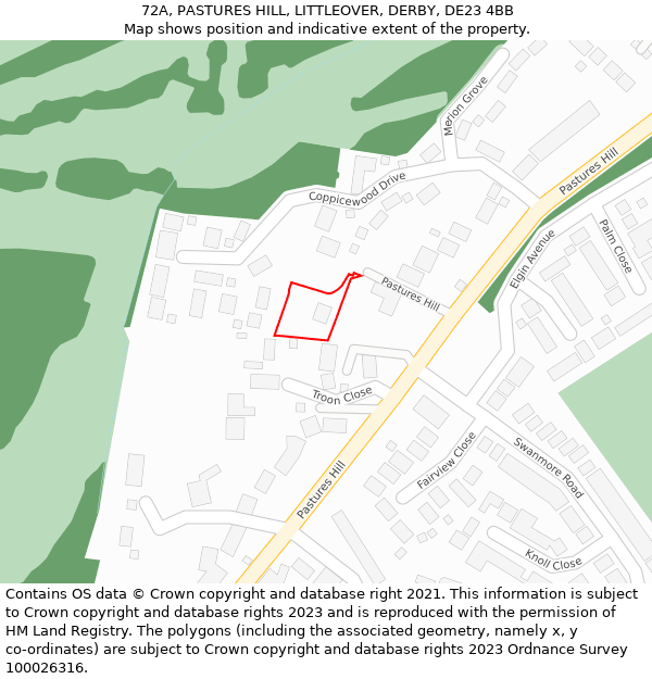 72A, PASTURES HILL, LITTLEOVER, DERBY, DE23 4BB: Location map and indicative extent of plot