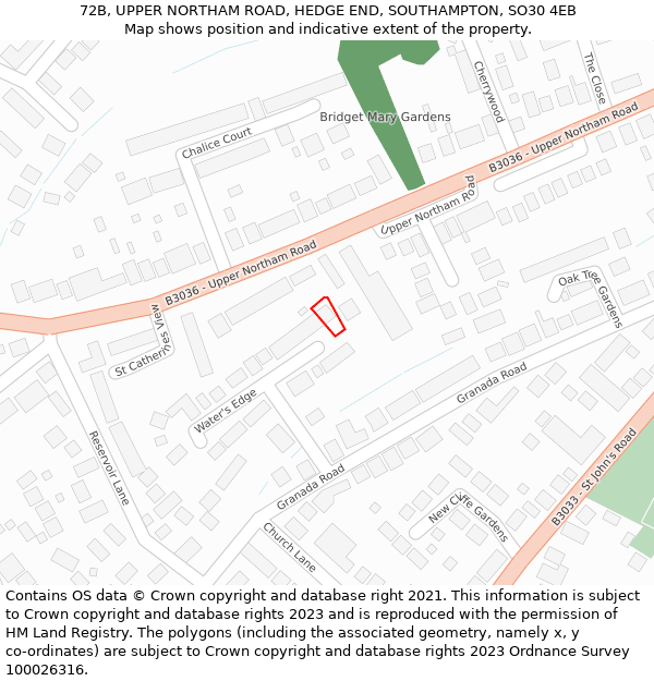 72B, UPPER NORTHAM ROAD, HEDGE END, SOUTHAMPTON, SO30 4EB: Location map and indicative extent of plot