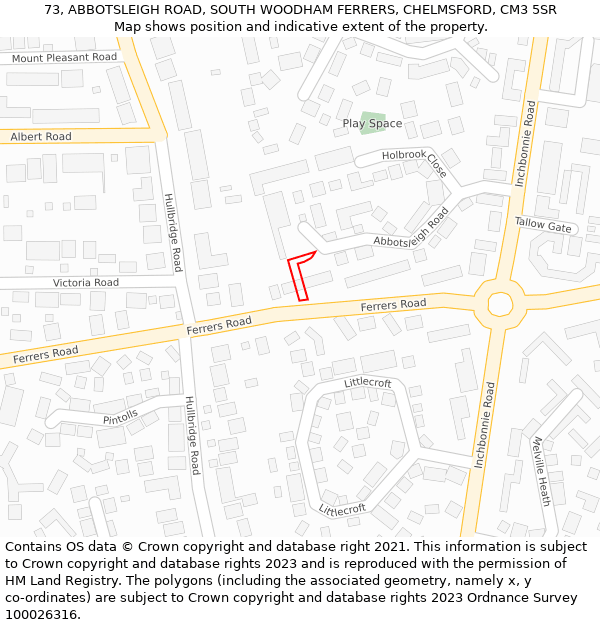 73, ABBOTSLEIGH ROAD, SOUTH WOODHAM FERRERS, CHELMSFORD, CM3 5SR: Location map and indicative extent of plot