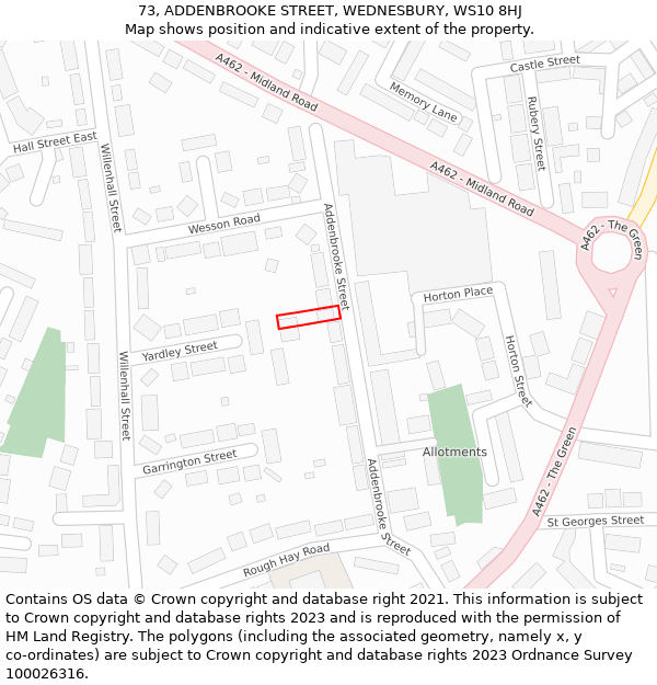73, ADDENBROOKE STREET, WEDNESBURY, WS10 8HJ: Location map and indicative extent of plot