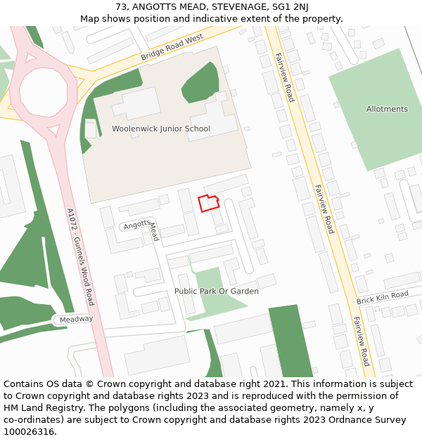 73, ANGOTTS MEAD, STEVENAGE, SG1 2NJ: Location map and indicative extent of plot