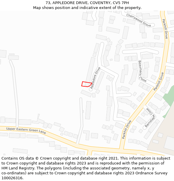 73, APPLEDORE DRIVE, COVENTRY, CV5 7PH: Location map and indicative extent of plot