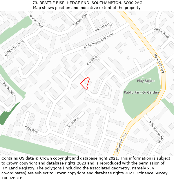 73, BEATTIE RISE, HEDGE END, SOUTHAMPTON, SO30 2AG: Location map and indicative extent of plot