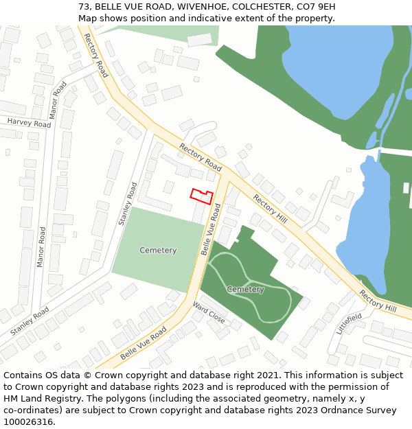 73, BELLE VUE ROAD, WIVENHOE, COLCHESTER, CO7 9EH: Location map and indicative extent of plot