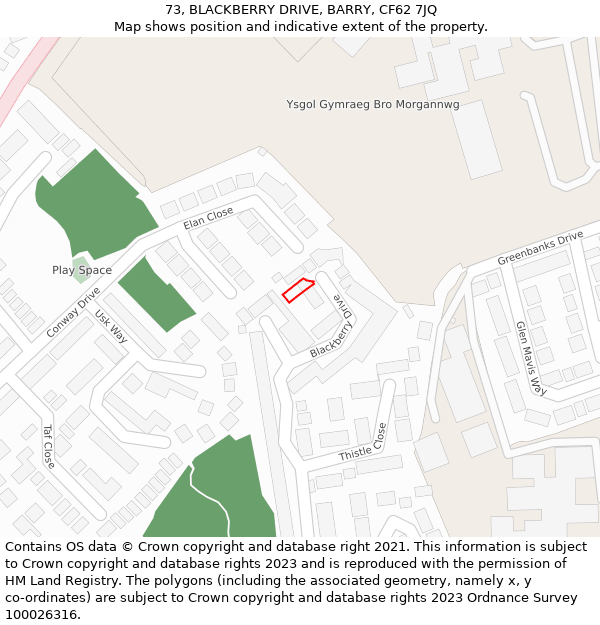 73, BLACKBERRY DRIVE, BARRY, CF62 7JQ: Location map and indicative extent of plot