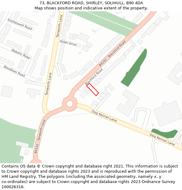 73, BLACKFORD ROAD, SHIRLEY, SOLIHULL, B90 4DA: Location map and indicative extent of plot