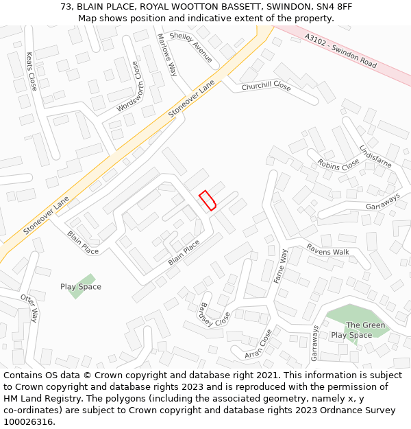 73, BLAIN PLACE, ROYAL WOOTTON BASSETT, SWINDON, SN4 8FF: Location map and indicative extent of plot