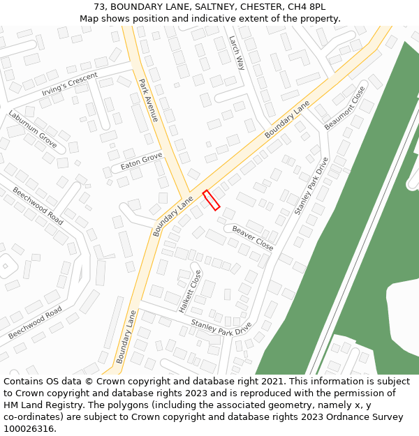 73, BOUNDARY LANE, SALTNEY, CHESTER, CH4 8PL: Location map and indicative extent of plot