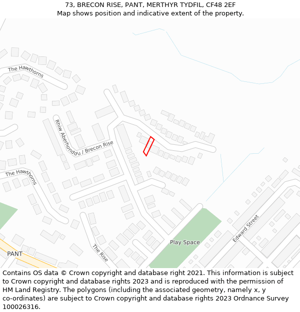 73, BRECON RISE, PANT, MERTHYR TYDFIL, CF48 2EF: Location map and indicative extent of plot