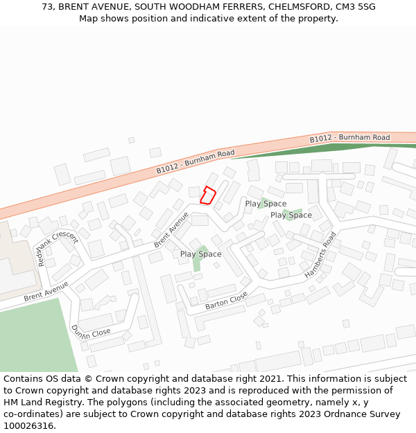 73, BRENT AVENUE, SOUTH WOODHAM FERRERS, CHELMSFORD, CM3 5SG: Location map and indicative extent of plot