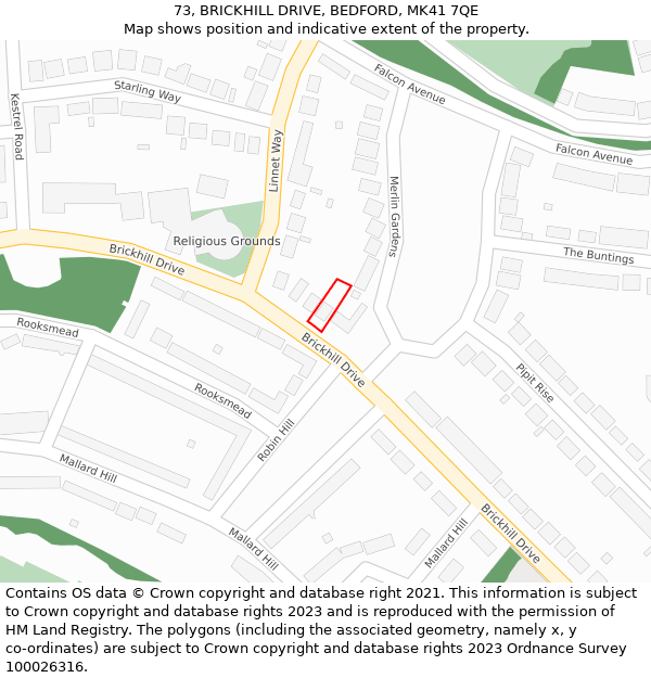 73, BRICKHILL DRIVE, BEDFORD, MK41 7QE: Location map and indicative extent of plot