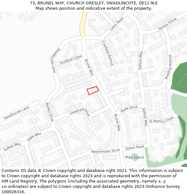 73, BRUNEL WAY, CHURCH GRESLEY, SWADLINCOTE, DE11 9LE: Location map and indicative extent of plot