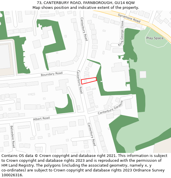 73, CANTERBURY ROAD, FARNBOROUGH, GU14 6QW: Location map and indicative extent of plot