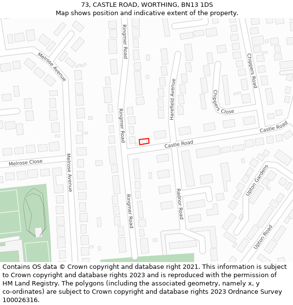 73, CASTLE ROAD, WORTHING, BN13 1DS: Location map and indicative extent of plot