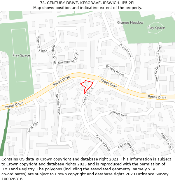 73, CENTURY DRIVE, KESGRAVE, IPSWICH, IP5 2EL: Location map and indicative extent of plot