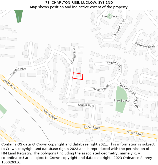 73, CHARLTON RISE, LUDLOW, SY8 1ND: Location map and indicative extent of plot