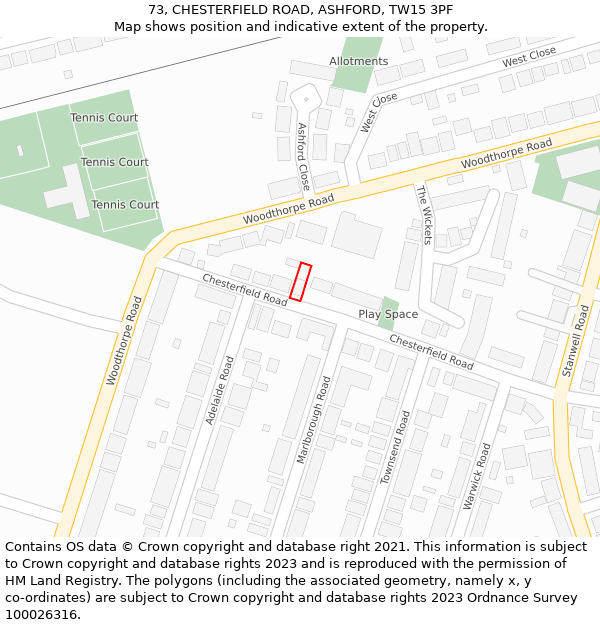 73, CHESTERFIELD ROAD, ASHFORD, TW15 3PF: Location map and indicative extent of plot