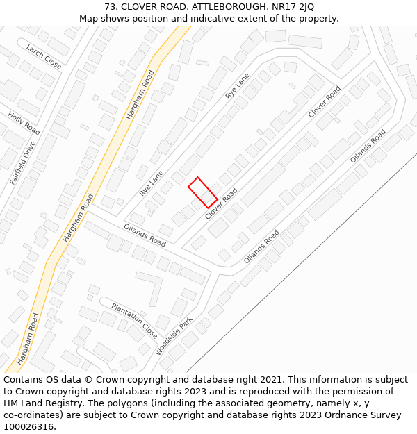 73, CLOVER ROAD, ATTLEBOROUGH, NR17 2JQ: Location map and indicative extent of plot