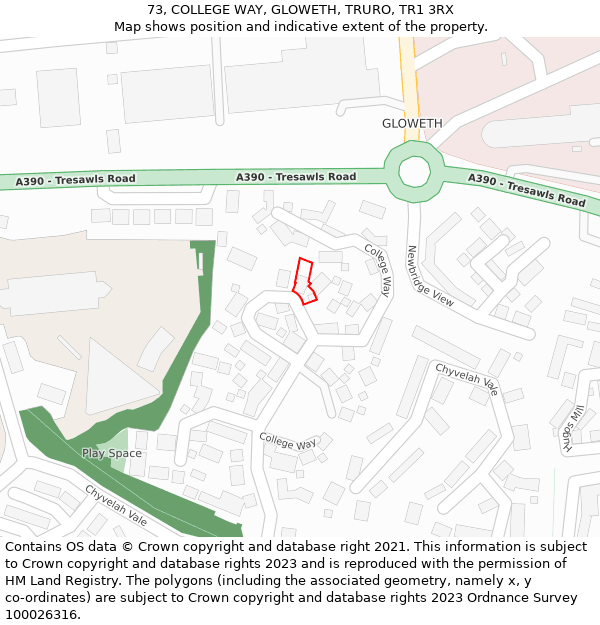 73, COLLEGE WAY, GLOWETH, TRURO, TR1 3RX: Location map and indicative extent of plot