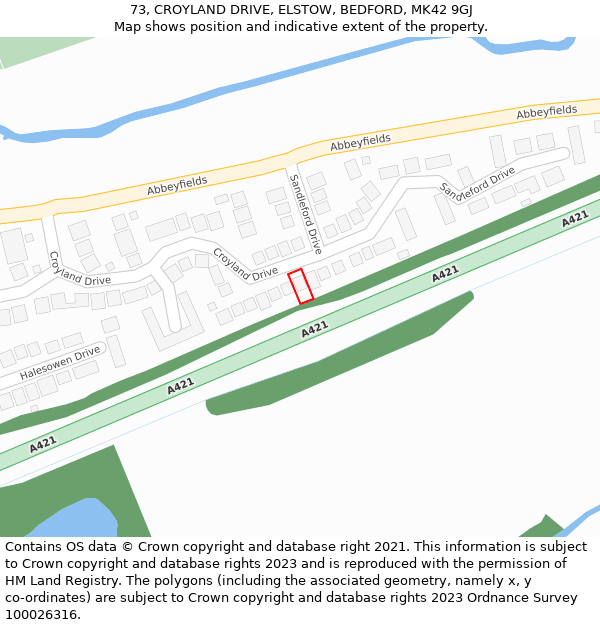 73, CROYLAND DRIVE, ELSTOW, BEDFORD, MK42 9GJ: Location map and indicative extent of plot