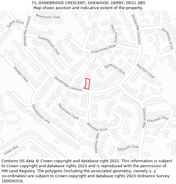 73, DANEBRIDGE CRESCENT, OAKWOOD, DERBY, DE21 2BD: Location map and indicative extent of plot