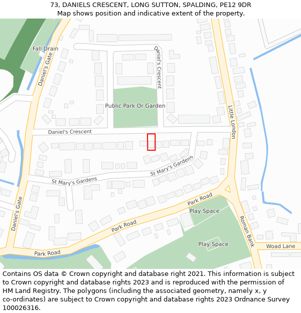 73, DANIELS CRESCENT, LONG SUTTON, SPALDING, PE12 9DR: Location map and indicative extent of plot