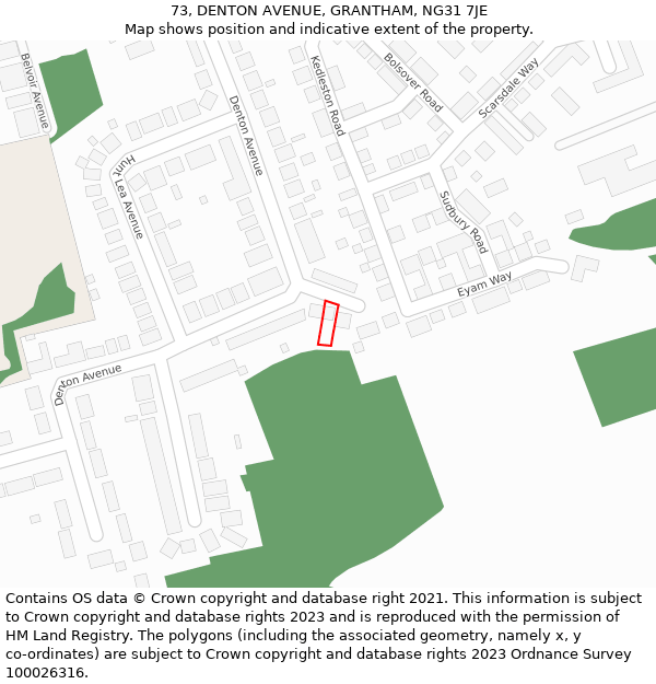 73, DENTON AVENUE, GRANTHAM, NG31 7JE: Location map and indicative extent of plot