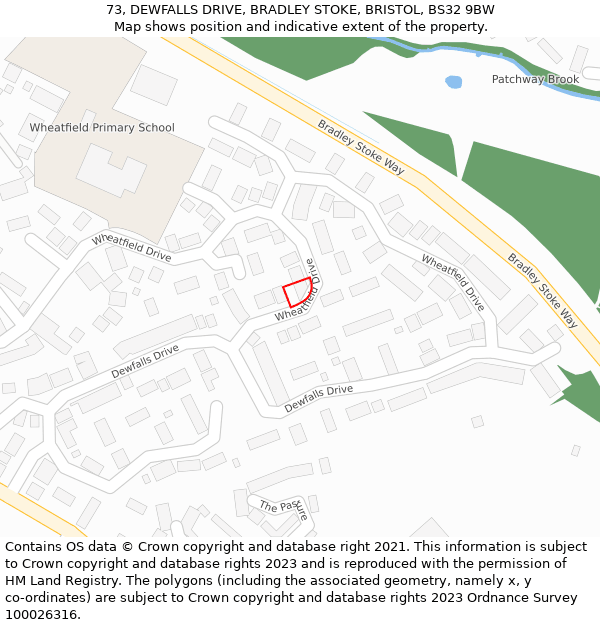 73, DEWFALLS DRIVE, BRADLEY STOKE, BRISTOL, BS32 9BW: Location map and indicative extent of plot