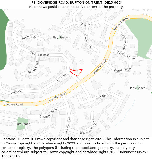 73, DOVERIDGE ROAD, BURTON-ON-TRENT, DE15 9GD: Location map and indicative extent of plot