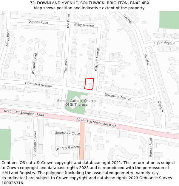 73, DOWNLAND AVENUE, SOUTHWICK, BRIGHTON, BN42 4RX: Location map and indicative extent of plot