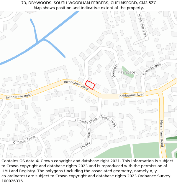 73, DRYWOODS, SOUTH WOODHAM FERRERS, CHELMSFORD, CM3 5ZG: Location map and indicative extent of plot