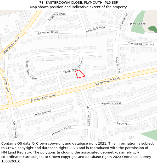73, EASTERDOWN CLOSE, PLYMOUTH, PL9 8SR: Location map and indicative extent of plot