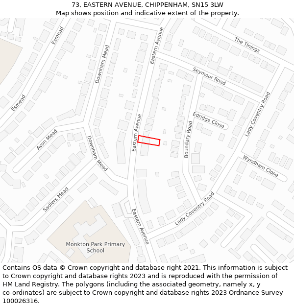 73, EASTERN AVENUE, CHIPPENHAM, SN15 3LW: Location map and indicative extent of plot