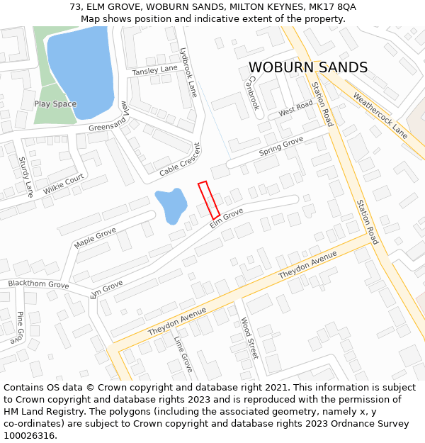 73, ELM GROVE, WOBURN SANDS, MILTON KEYNES, MK17 8QA: Location map and indicative extent of plot