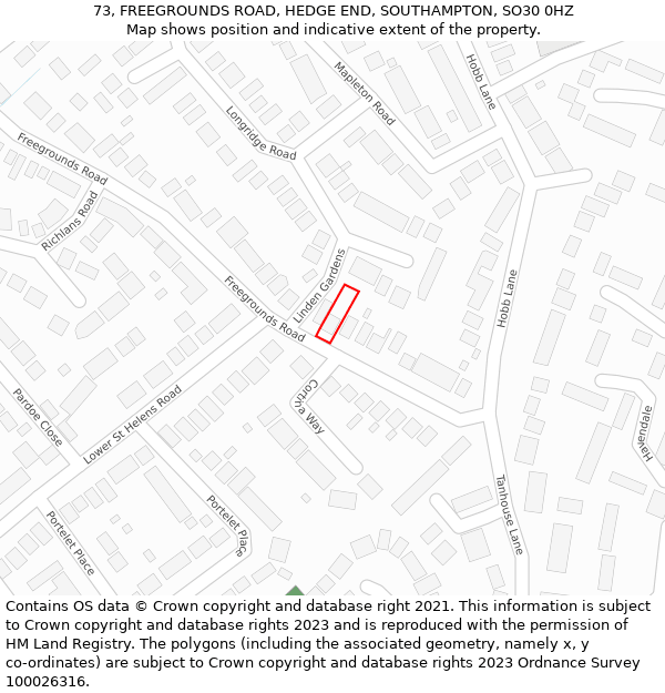 73, FREEGROUNDS ROAD, HEDGE END, SOUTHAMPTON, SO30 0HZ: Location map and indicative extent of plot