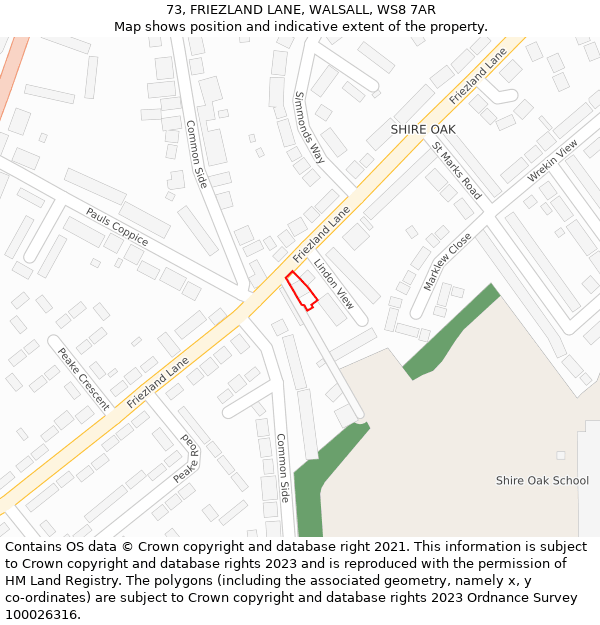 73, FRIEZLAND LANE, WALSALL, WS8 7AR: Location map and indicative extent of plot