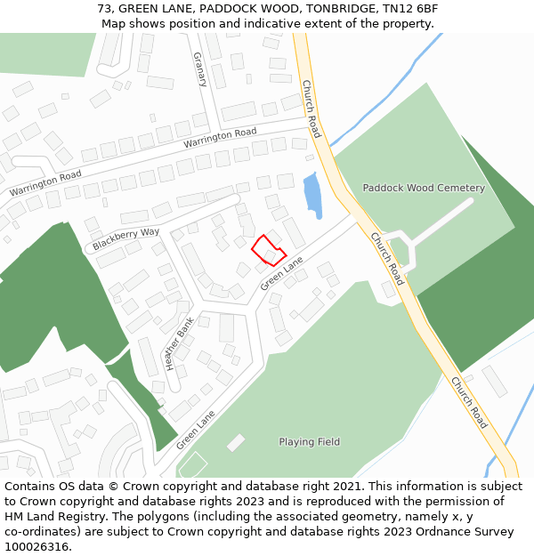 73, GREEN LANE, PADDOCK WOOD, TONBRIDGE, TN12 6BF: Location map and indicative extent of plot