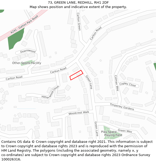 73, GREEN LANE, REDHILL, RH1 2DF: Location map and indicative extent of plot