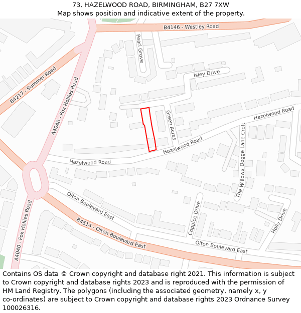 73, HAZELWOOD ROAD, BIRMINGHAM, B27 7XW: Location map and indicative extent of plot