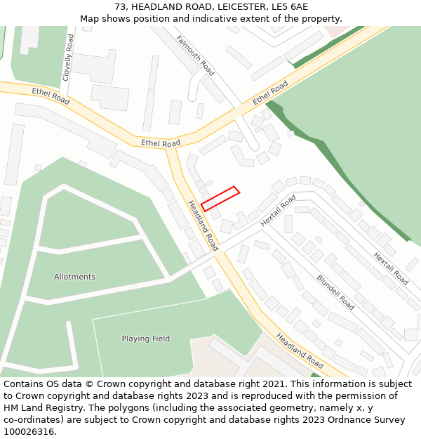 73, HEADLAND ROAD, LEICESTER, LE5 6AE: Location map and indicative extent of plot