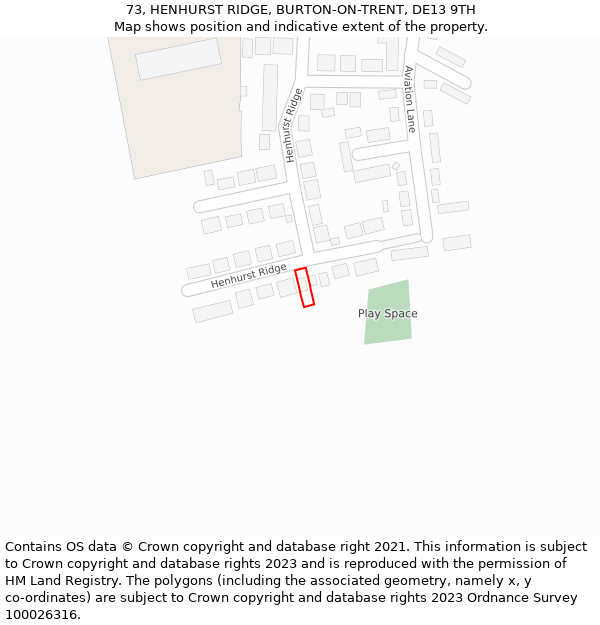 73, HENHURST RIDGE, BURTON-ON-TRENT, DE13 9TH: Location map and indicative extent of plot