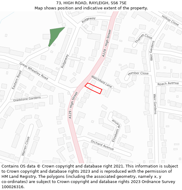 73, HIGH ROAD, RAYLEIGH, SS6 7SE: Location map and indicative extent of plot