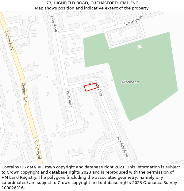 73, HIGHFIELD ROAD, CHELMSFORD, CM1 2NG: Location map and indicative extent of plot