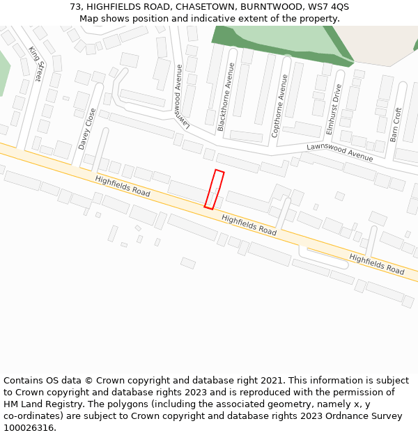 73, HIGHFIELDS ROAD, CHASETOWN, BURNTWOOD, WS7 4QS: Location map and indicative extent of plot