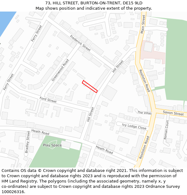 73, HILL STREET, BURTON-ON-TRENT, DE15 9LD: Location map and indicative extent of plot