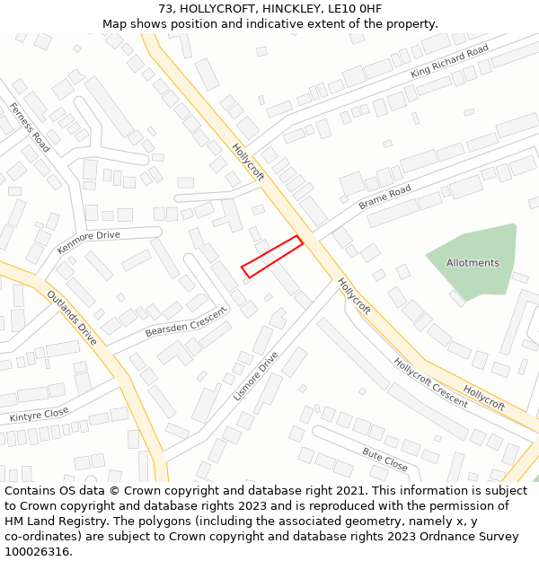 73, HOLLYCROFT, HINCKLEY, LE10 0HF: Location map and indicative extent of plot