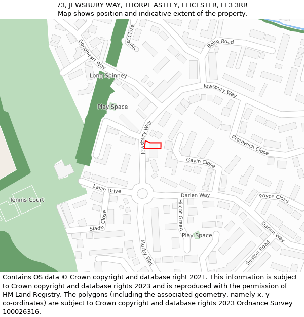 73, JEWSBURY WAY, THORPE ASTLEY, LEICESTER, LE3 3RR: Location map and indicative extent of plot