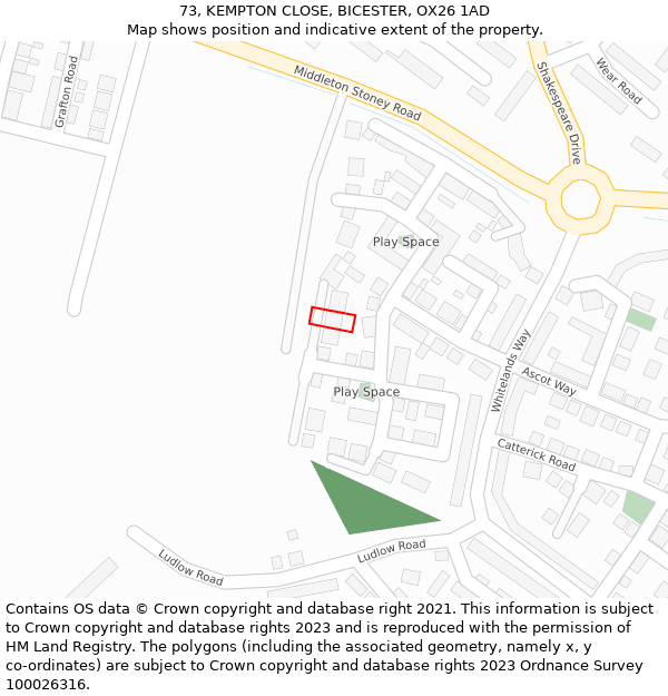 73, KEMPTON CLOSE, BICESTER, OX26 1AD: Location map and indicative extent of plot