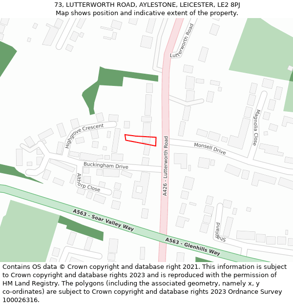 73, LUTTERWORTH ROAD, AYLESTONE, LEICESTER, LE2 8PJ: Location map and indicative extent of plot